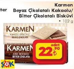 KARMEN BEYAZ ÇİKOLATALI KAKAOLU/ BİTTER ÇİKOLATALI BİSKÜVİ 102 G KARMEN BEYAZ ÇİKOLATALI KAKAOLU/ BİTTER ÇİKOLATALI BİSKÜVİ 102 G